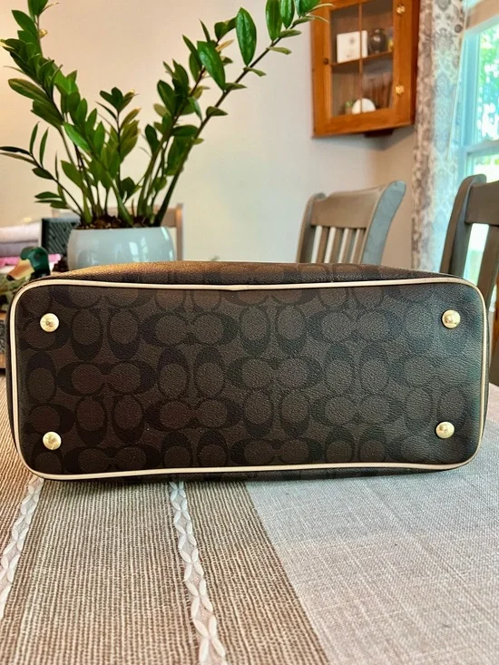 🤎Coach Signature Brown Canvas Tote Tan Leather Trim Shoulder Bag Zip Top - Picture 5 of 16